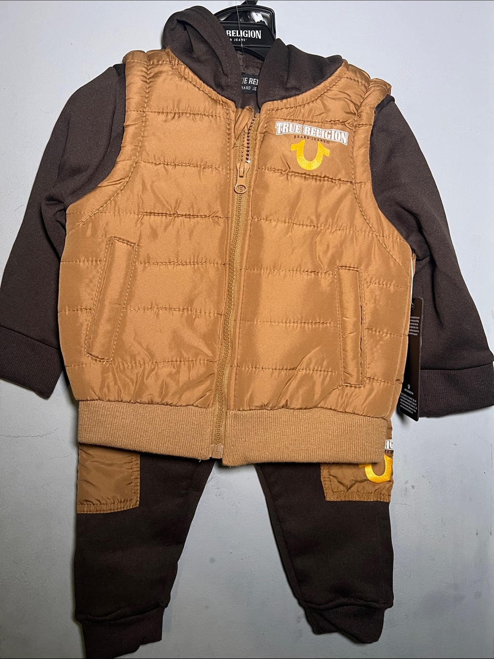 True Religion Kids Tan Puffer Vest & Brown Hoodie Jogger Set